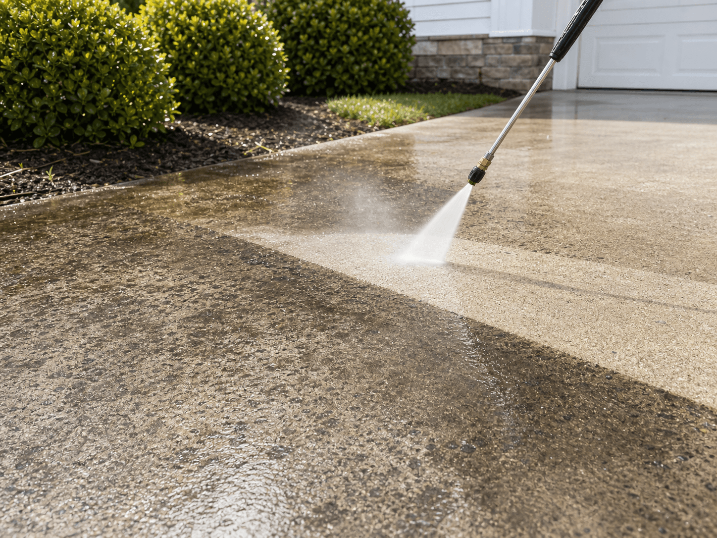 Pressure washing a concrete driveway