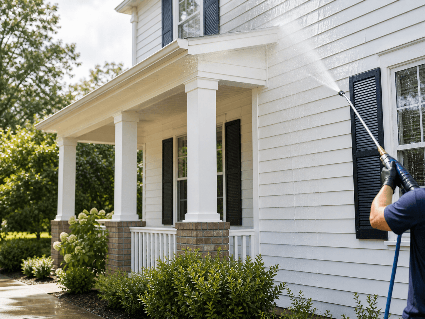 Soft washing white home siding