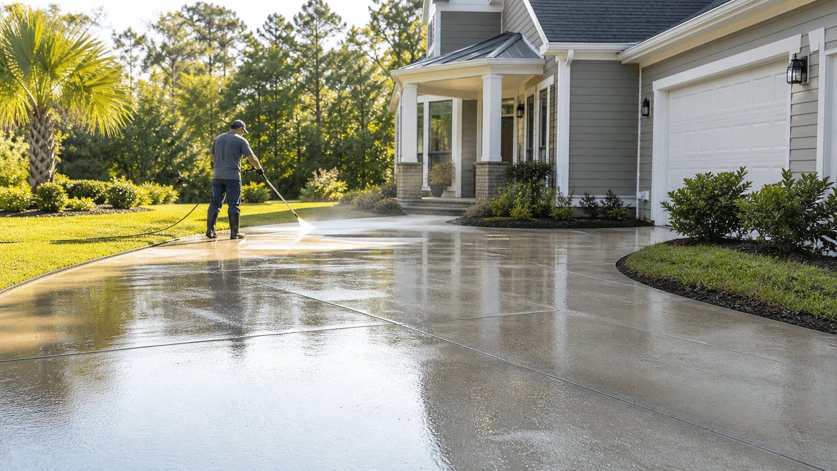 Pressure washing a residential driveway near a clean home exterior